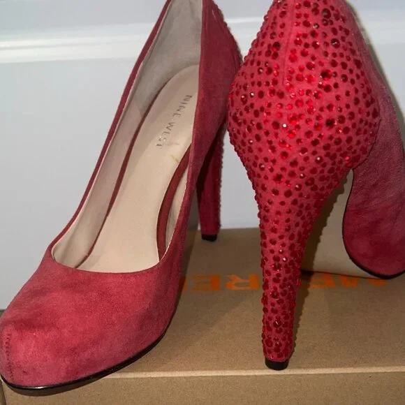 Nine West Pink Suede High Crystals Embellished Heels - Picture 2 of 10